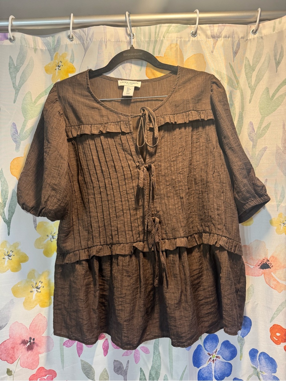Laura Ashley Brown Pintuck Tie-Front Ruffle Blouse